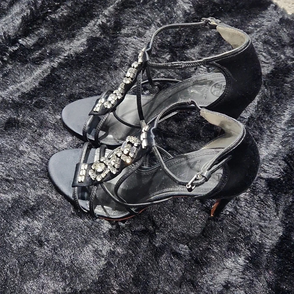 Tory Burch Black Satin and Crystal's with Leather sole Size 38.5 - Picture 6 of 11